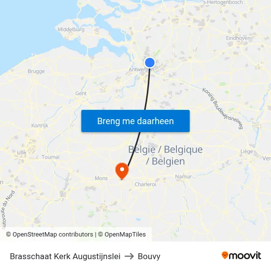 Brasschaat Kerk Augustijnslei to Bouvy map