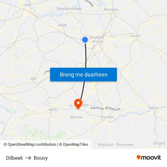 Dilbeek to Bouvy map