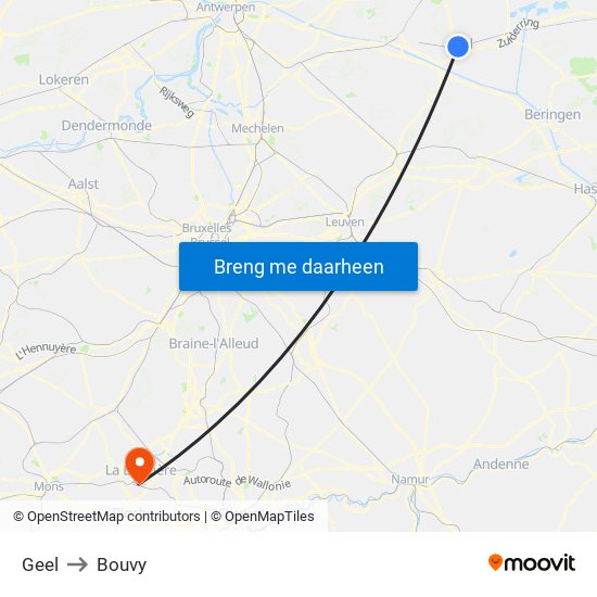 Geel to Bouvy map