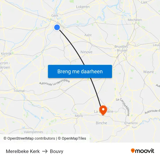 Merelbeke Kerk to Bouvy map