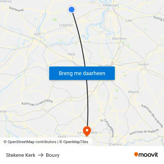 Stekene Kerk to Bouvy map