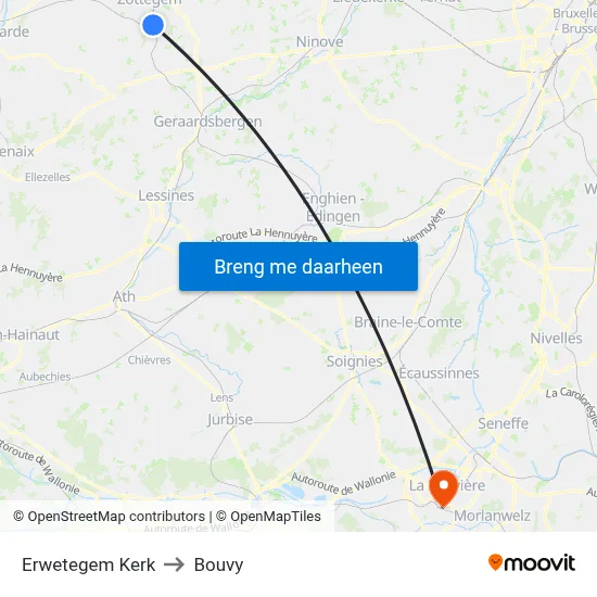 Erwetegem Kerk to Bouvy map