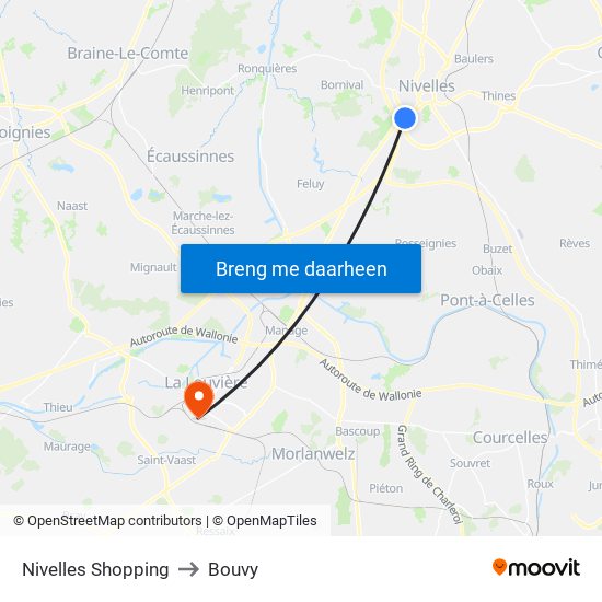 Nivelles Shopping to Bouvy map