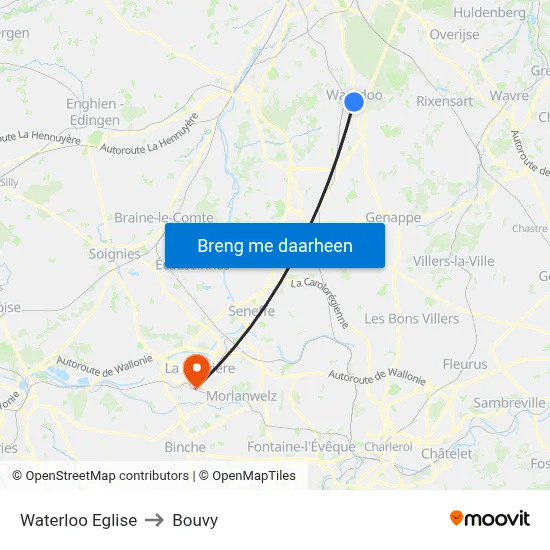 Waterloo Eglise to Bouvy map