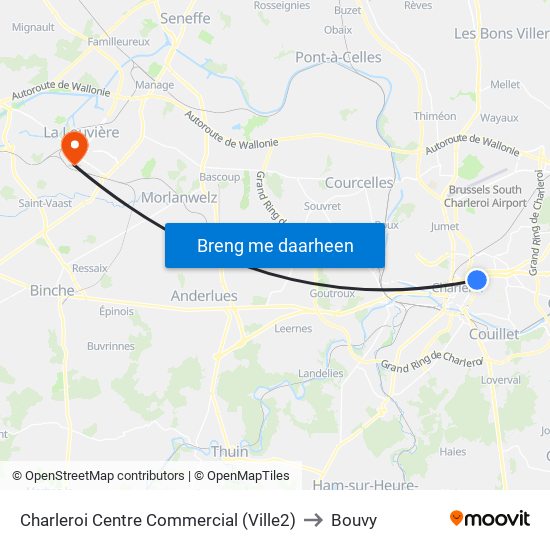 Charleroi Centre Commercial (Ville2) to Bouvy map