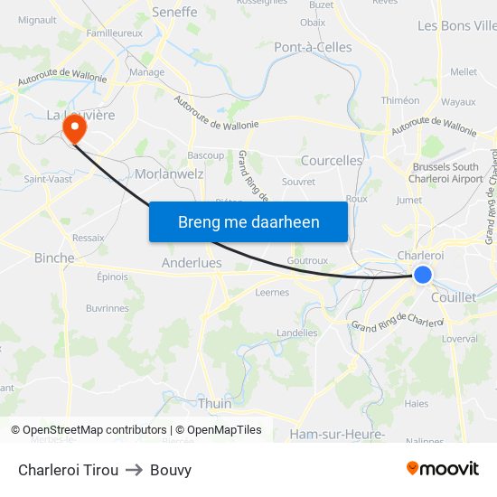 Charleroi Tirou to Bouvy map