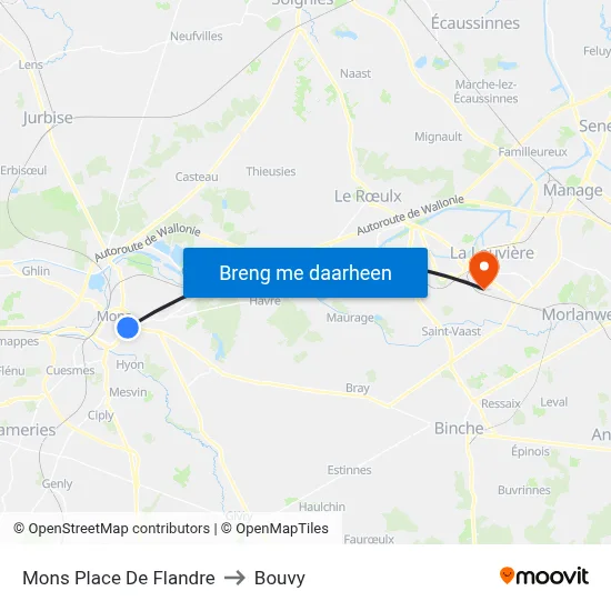 Mons Place De Flandre to Bouvy map