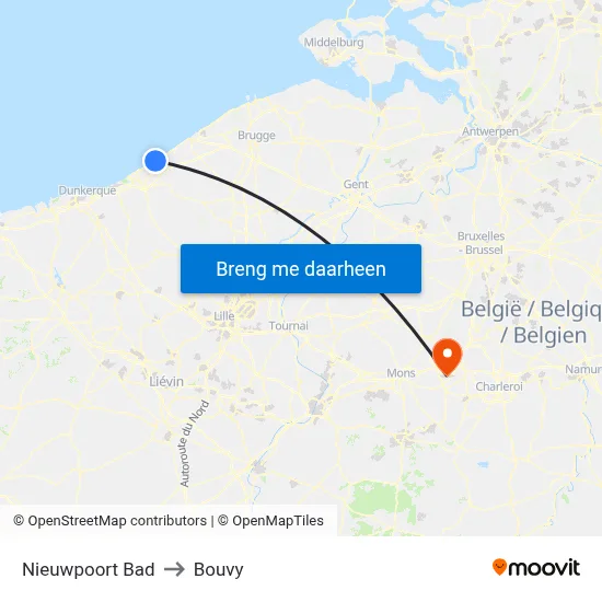 Nieuwpoort Bad to Bouvy map