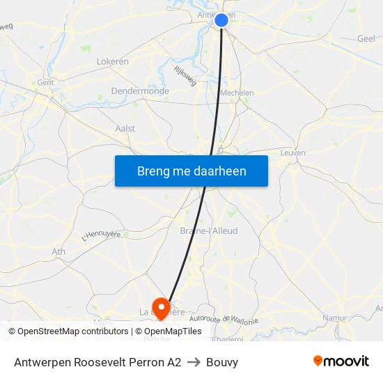 Antwerpen Roosevelt Perron A2 to Bouvy map