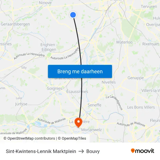 Sint-Kwintens-Lennik Marktplein to Bouvy map