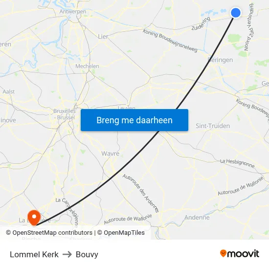 Lommel Kerk to Bouvy map