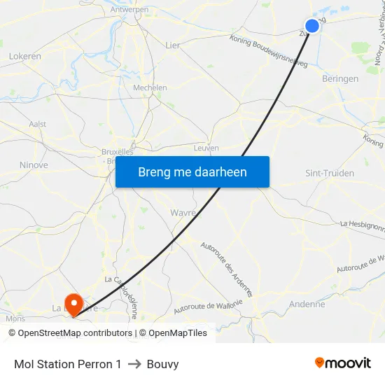 Mol Station Perron 1 to Bouvy map