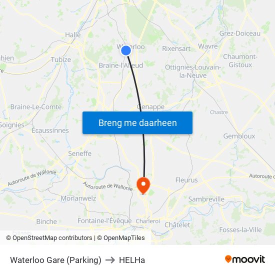 Waterloo Gare (Parking) to HELHa map