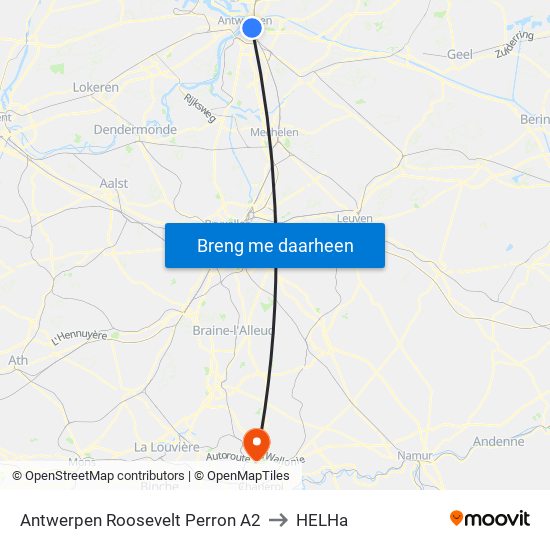 Antwerpen Roosevelt Perron A2 to HELHa map