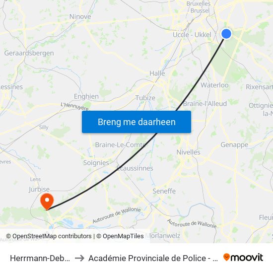Herrmann-Debroux to Académie Provinciale de Police - Jurbise map