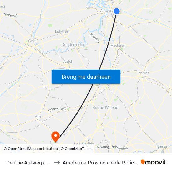 Deurne Antwerp Stadion to Académie Provinciale de Police - Jurbise map