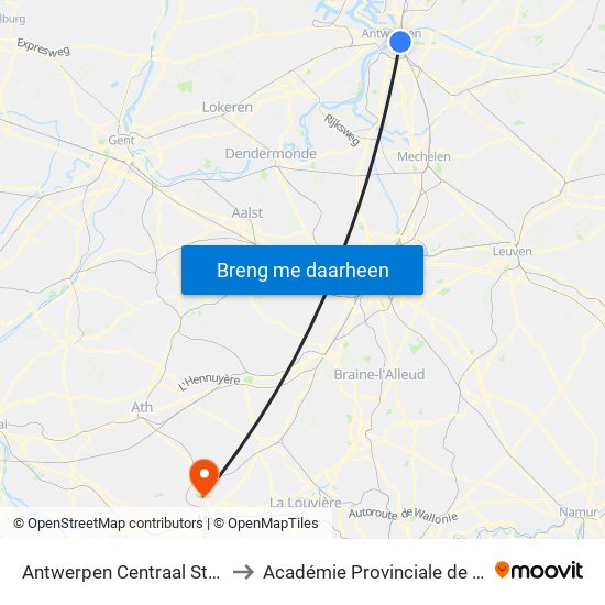 Antwerpen Centraal Station Perron 6 to Académie Provinciale de Police - Jurbise map
