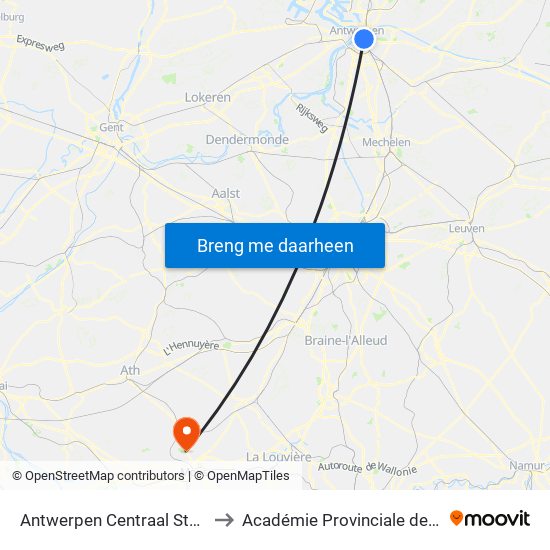 Antwerpen Centraal Station Perron 10 to Académie Provinciale de Police - Jurbise map