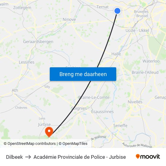 Dilbeek to Académie Provinciale de Police - Jurbise map