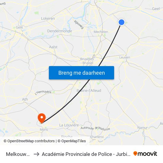 Melkouwen to Académie Provinciale de Police - Jurbise map