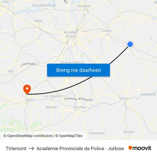 Tirlemont to Académie Provinciale de Police - Jurbise map