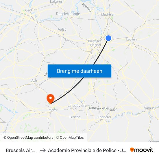 Brussels Airport to Académie Provinciale de Police - Jurbise map