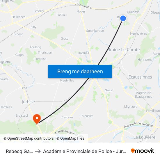 Rebecq Gare to Académie Provinciale de Police - Jurbise map