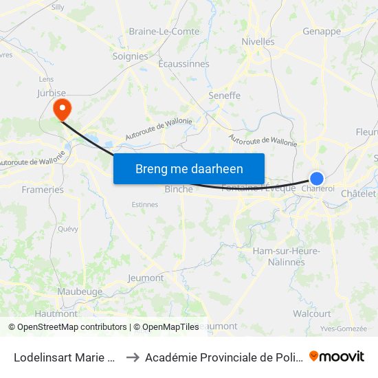 Lodelinsart Marie Curie (M) to Académie Provinciale de Police - Jurbise map