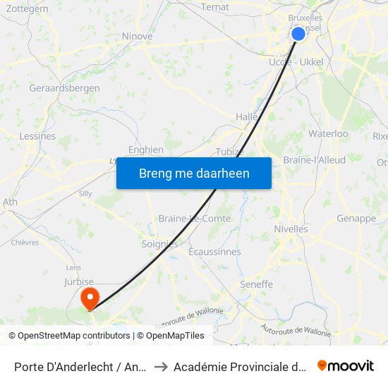 Porte D'Anderlecht / Anderlechtsepoort to Académie Provinciale de Police - Jurbise map