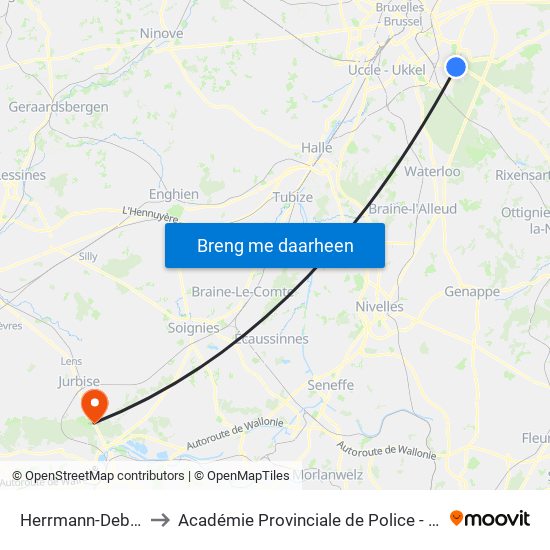 Herrmann-Debroux to Académie Provinciale de Police - Jurbise map