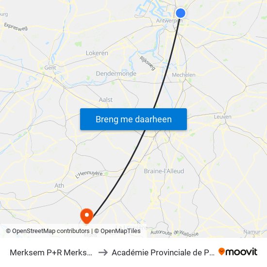 Merksem P+R Merksem Perron 3 to Académie Provinciale de Police - Jurbise map