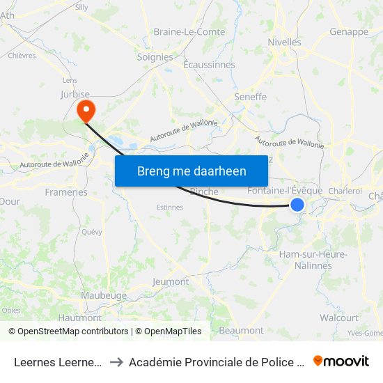 Leernes Leernes (M) to Académie Provinciale de Police - Jurbise map