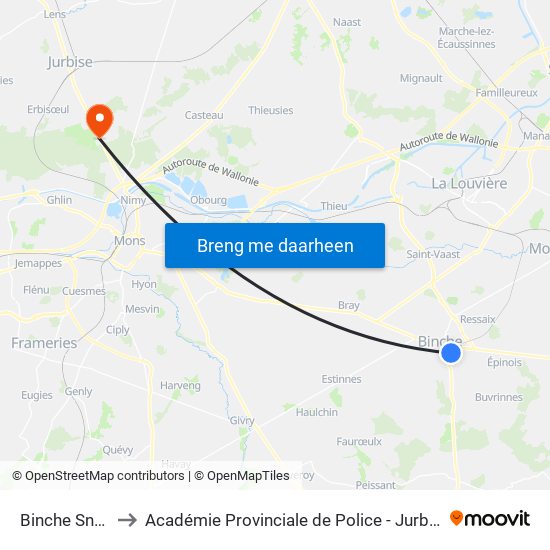 Binche Sncb to Académie Provinciale de Police - Jurbise map
