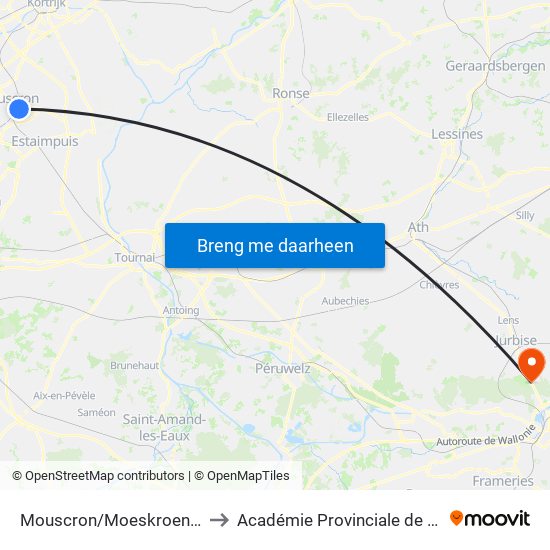 Mouscron/Moeskroen Sncb/Station to Académie Provinciale de Police - Jurbise map