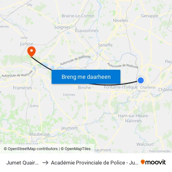 Jumet Quairelle to Académie Provinciale de Police - Jurbise map