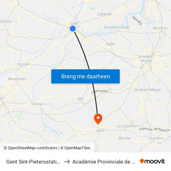 Gent Sint-Pietersstation Perron 10 to Académie Provinciale de Police - Jurbise map