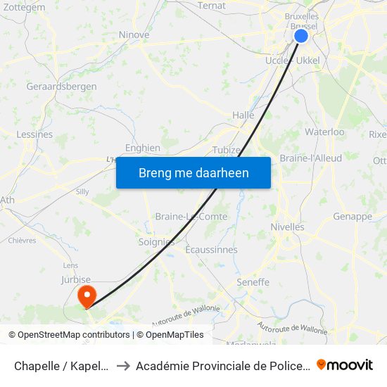 Chapelle / Kapellekerk to Académie Provinciale de Police - Jurbise map