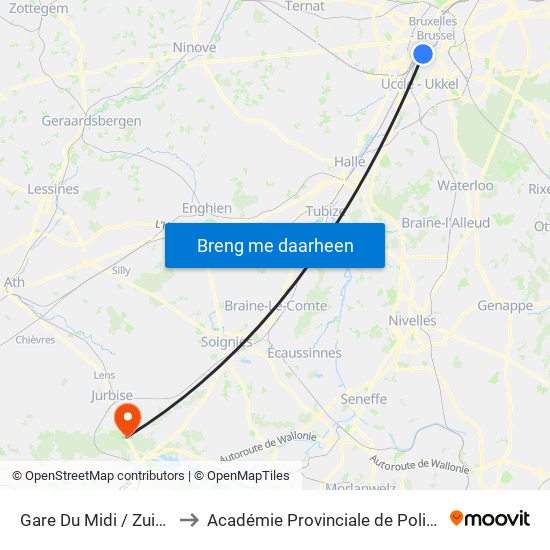 Gare Du Midi / Zuidstation to Académie Provinciale de Police - Jurbise map