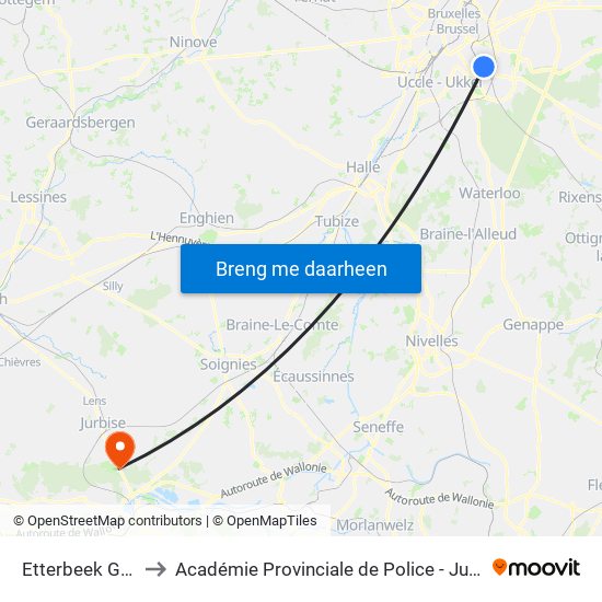 Etterbeek Gare to Académie Provinciale de Police - Jurbise map