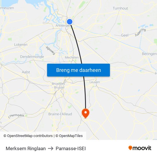 Merksem Ringlaan to Parnasse-ISEI map