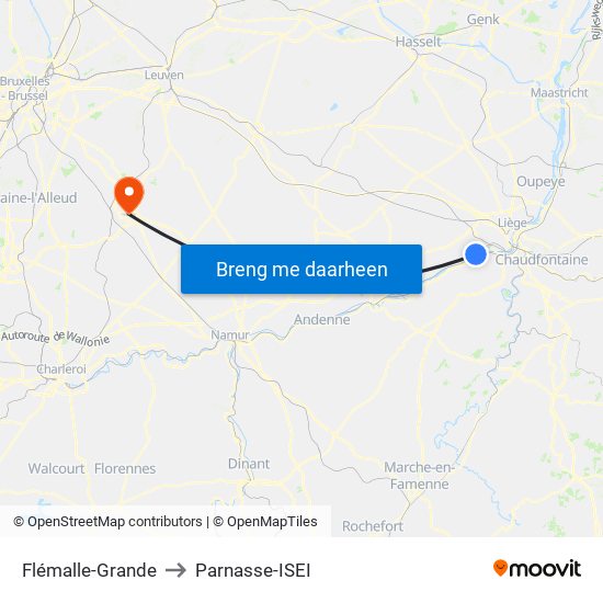 Flémalle-Grande to Parnasse-ISEI map