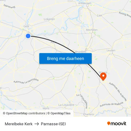 Merelbeke Kerk to Parnasse-ISEI map