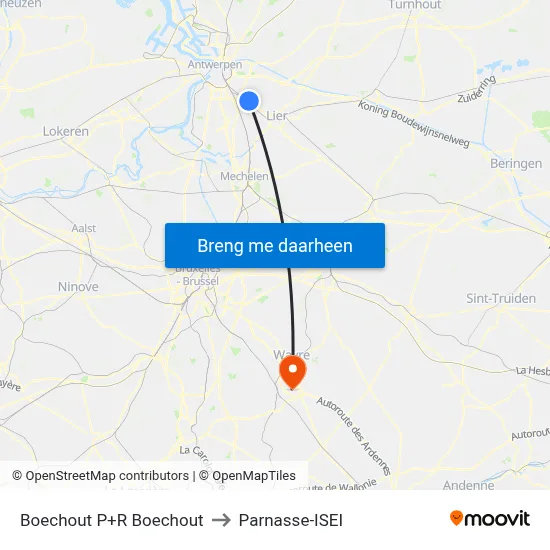 Boechout P+R Boechout to Parnasse-ISEI map