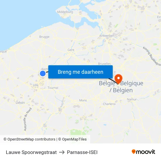 Lauwe Spoorwegstraat to Parnasse-ISEI map