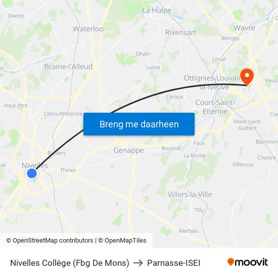 Nivelles Collège (Fbg De Mons) to Parnasse-ISEI map