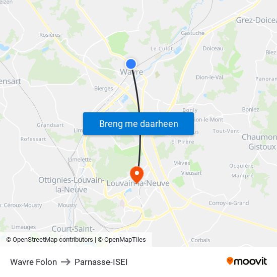 Wavre Folon to Parnasse-ISEI map