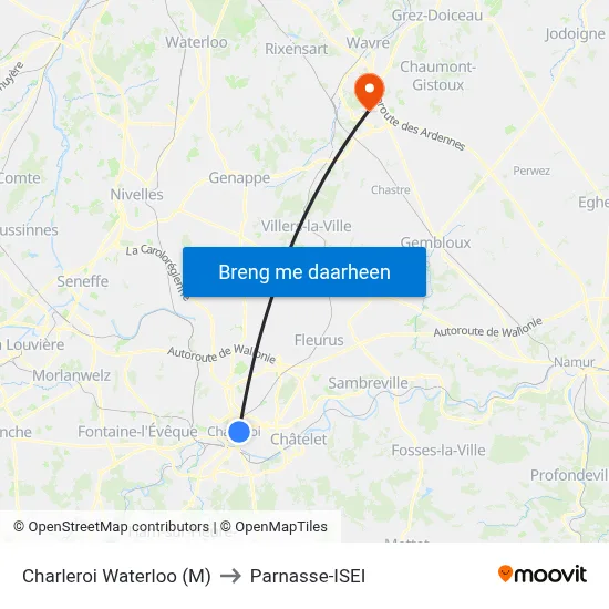 Charleroi Waterloo (M) to Parnasse-ISEI map