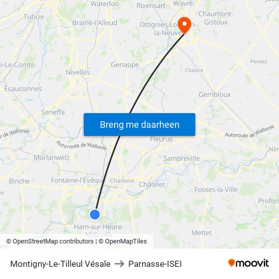 Montigny-Le-Tilleul Vésale to Parnasse-ISEI map