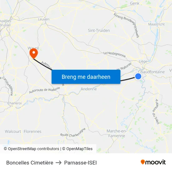 Boncelles Cimetière to Parnasse-ISEI map