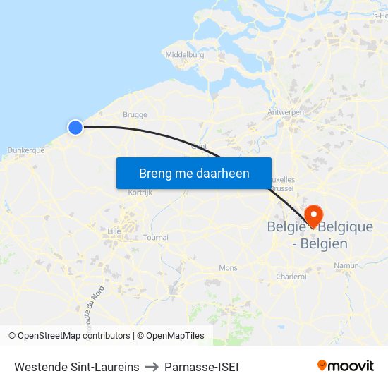 Westende Sint-Laureins to Parnasse-ISEI map